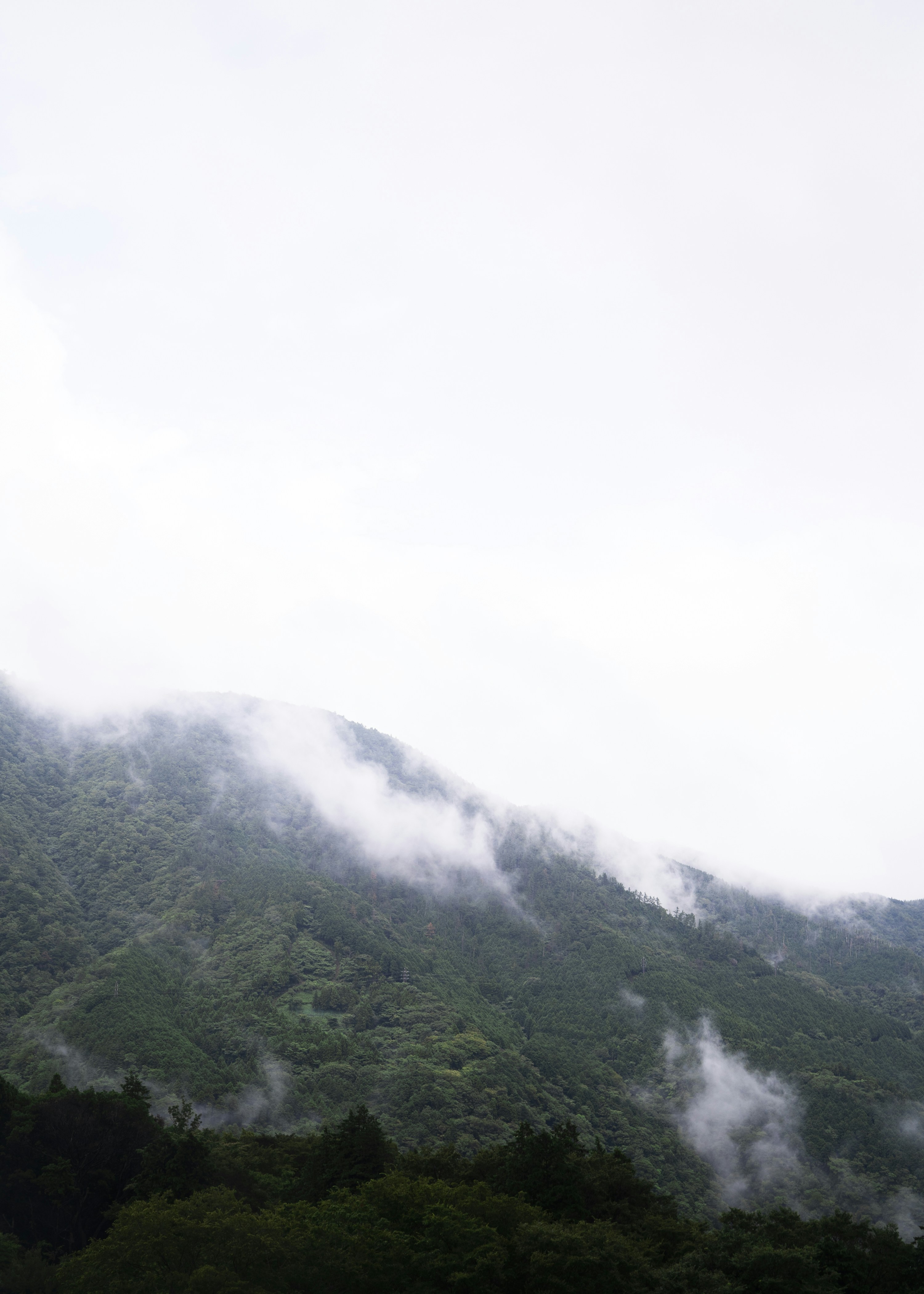 A mountain covered in fog and clouds on a cloudy day